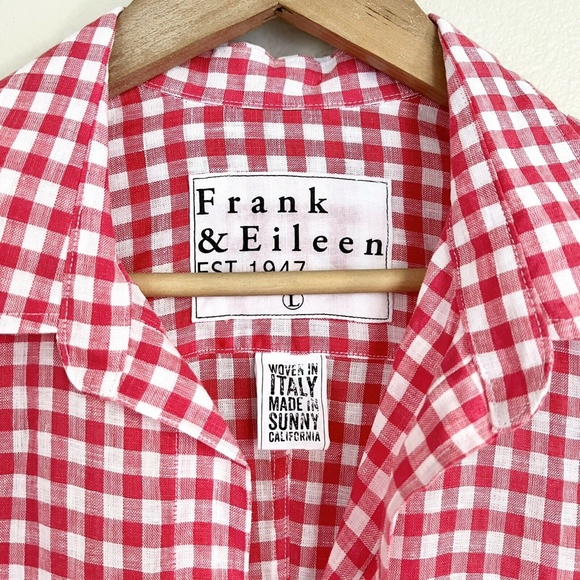 FRANK & EILEEN Barry 100% Linen Button Down Shirt in Hot Pink Check - Picture 3 of 7